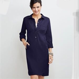 J. Jill Chino 100% Cotton Navy Blue Collared Long Sleeve Popover Shirt Dress
